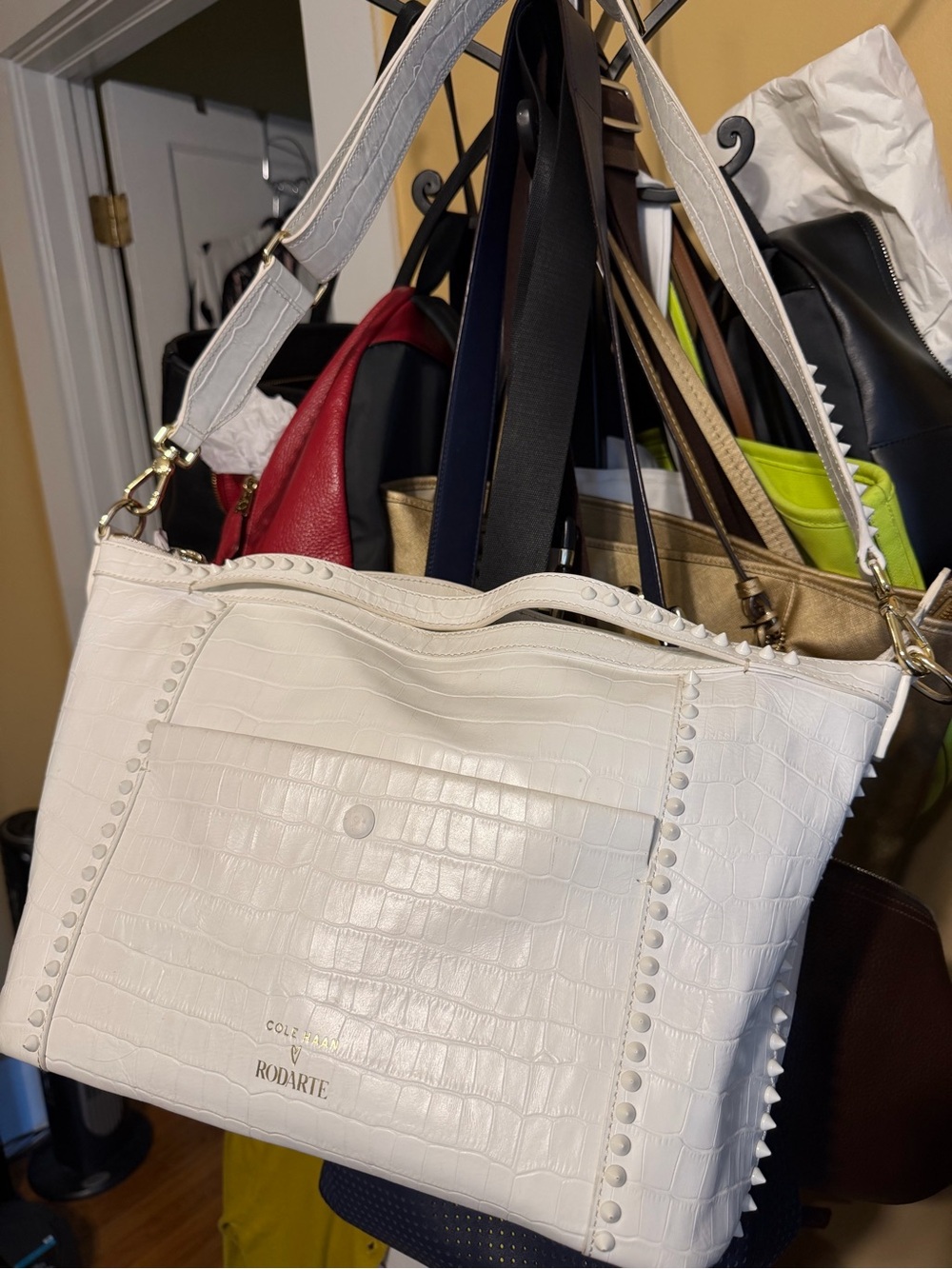 Edgy studded soft satchel tote, Cole Haan - Rodarte